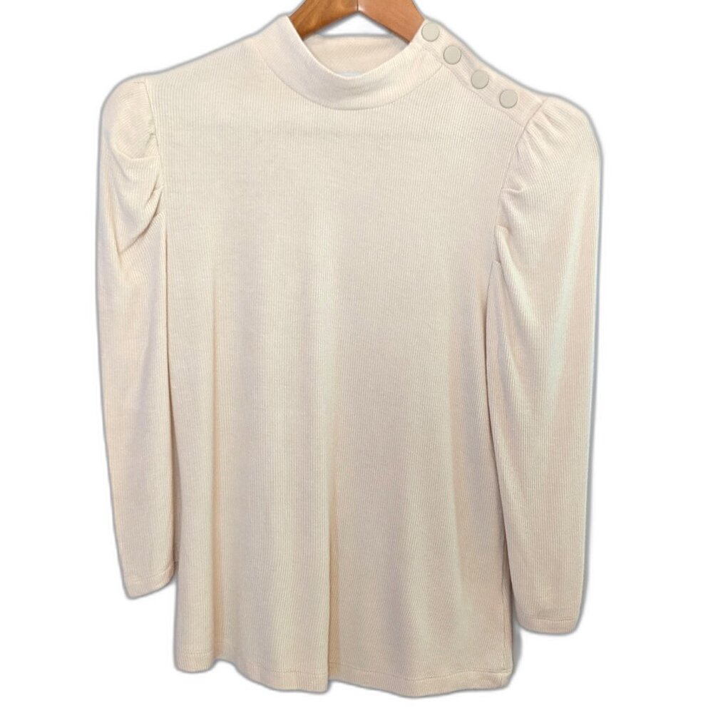 Evereve | Cream Ribbed Mock Neck Snap Shoulder Ruched Sleeve Shirt	| Size XS